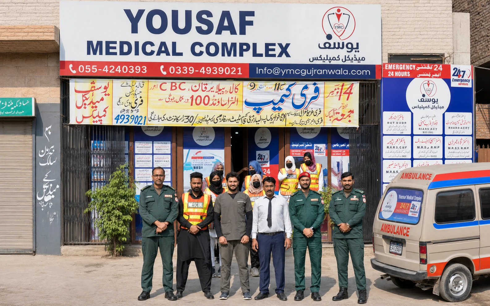 Yousaf Medical Complex exterior and emergency team